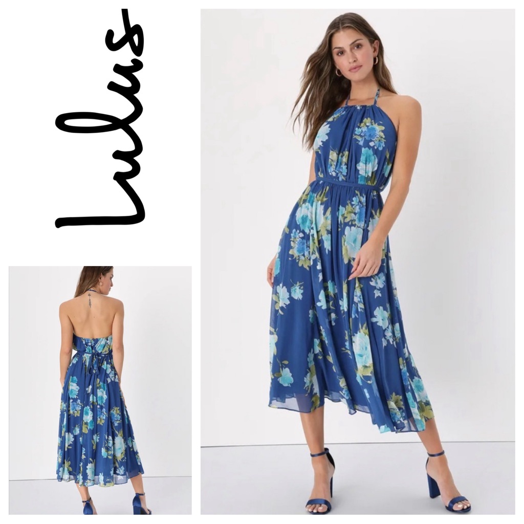 Lulu’s Unbelievable Blossom Blue Floral Print Halter Midi Dress Sz: S